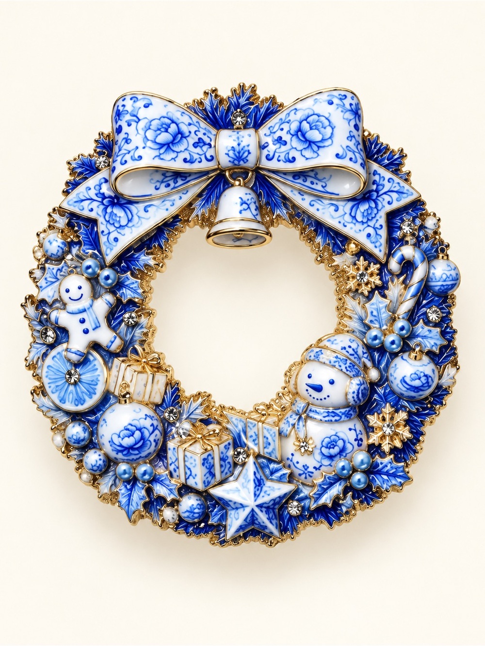 Blue Chinoiserie Christmas Wreath Gold Brooch